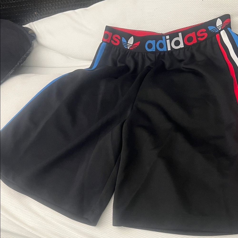 Adidas Black Shorts with Blue and Red Accents